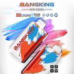 Two Bangking Ice Cool disposable vape devices with red, blue, and white abstract designs on a white background, advertising 50K puffs, 5 adjustable coolness levels, Type-C charging, 850mAh battery, and 25ml e-liquid capacity