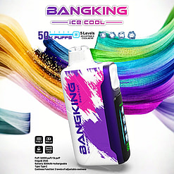 Disposable vaping device named BANGKING Deiphtech with purple, white, and pink abstract design, positioned in front of a multicolored paintbrush stroke background, featuring text about 50K puffs, 5 levels of adjustable coolness, Type-C rechargeable 850 mAh battery, and 25 ml e-liquid capacity
