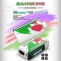 Two compact Bang King Ice Cool vaping devices with red, green, and white paint splash design, displayed with product details highlighting 50K puffs, 5 levels of adjustable coolness, 25ml e-liquid capacity, 850mAh rechargeable battery, and Type-C charging port.