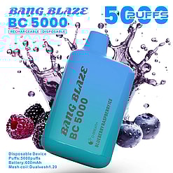 Blue gradient Bang Blaze BC 5000 disposable vape device with blueberry and raspberry ice flavor text, surrounded by splashes of purple liquid and fresh berries including raspberries, blackberries, and blueberries