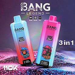 Two gradient blue and pink Bang Legend 3in1 vape devices with cartoon monkey artwork on a glittery surface.