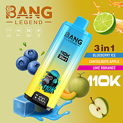 Bang Legend 110K 3in1 vape pen with a blue-yellow gradient, surrounded by blueberries, lime, cantaloupe and apple.