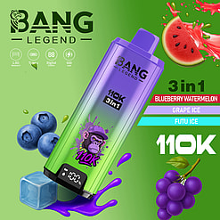 Purple Bang Legend 3-in-1 device angled on a lime gradient, surrounded by blueberries, a watermelon slice, purple grapes, and splash graphics.