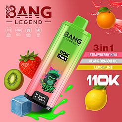 Diagonal Bang Legend 3in1 energy drink bottle with gorilla logo and 110K label, amid strawberry, kiwi, lemon and orange.
