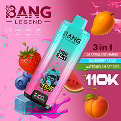 Bang Legend 110K 3in1 vape device with cartoon monkey logo and flavors Strawberry Mango, Blueberry Peach, Watermelon Berries.