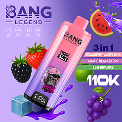 Pink-to-purple Bang Legend 110K 3-in-1 vape with flavors strawberry watermelon, grape blackberry, lime romance.