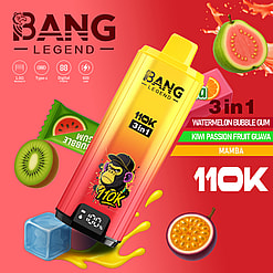 Bright Bang Legend 110K 3in1 energy drink bottle with a monkey logo, surrounded by fruit graphics and flavor labels.