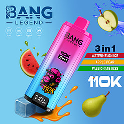 Bang Legend 110K 3in1 vape device with a pink-to-blue gradient, monkey logo, and fruit flavor labels.