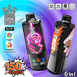 Deux appareils de vape Bang Legend noirs avec un visage de singe brillant et un écran LED coloré affichant 150 000 bouffées ; .