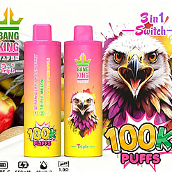 Two pink-to-yellow gradient vape bottles with Bang King branding, an eagle illustration, and a large 100K Puffs graphic.