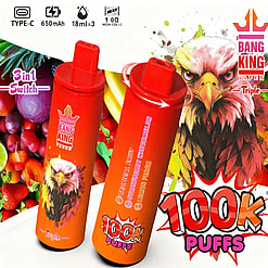 Two orange Bang King vape devices with an eagle logo and 100k Puffs text on a colorful fruit-themed background.