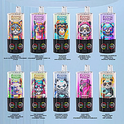 Two rows of five colorful disposable vape pods with cartoon animal illustrations on the labels, set against a light blue background.