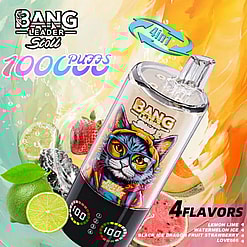 Bright Bang energy ad with a clear bottle amid fruit splashes and the 4 flavors label, lemon lime and watermelon ice.