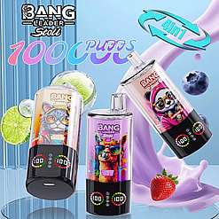 Three colorful vape-like bottles with animal artwork and digital readouts on black bases, set against a blue backdrop.