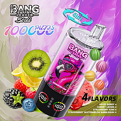 Pink Bang Leader vape device labeled 1000 puffs and 4 flavors, surrounded by kiwi, lemon, berries and watermelon.