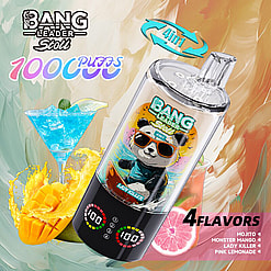 Panda-themed vape device labeled Lady Killer with a 4in1 graphic, listing four flavors (Mojito, Monster Mango, Pink Lemonade, Lady Killer) against a tropical background.