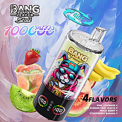 Vape juice bottle featuring a sunglasses-wearing bunny mascot, with a fruit-filled background and four flavors: Pink Lemonade, Kiwi Passion Fruit Guava, Peach Berry, Strawberry Banana.
