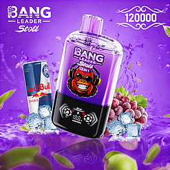 Purple Bang Leader Stoll 2-in-1 bottle with a gorilla with headphones logo, shown with a Red Bull can, grapes and ice cubes.
