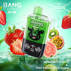 Green Bang Leader Stoll 2-in-1 bottle with a gorilla logo, set among fruit; Strawberry Cherry & Kiwi Passion Fruit Guava.
