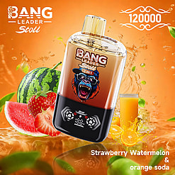 Orange ad for Bang Leader Stoll 2 in 1 bottle with a roaring gorilla logo, surrounded by watermelon and strawberry.