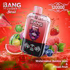 Bang Leader Stoll 2 in 1 portable bottle with purple gorilla logo, pink label, against a red fruit background.