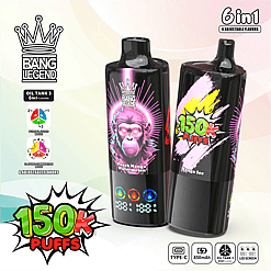 Deux appareils de vape Bang Legend noirs avec des illustrations roses et jaunes éclatantes, l'un avec un visage de singe rose brillant étiqueté