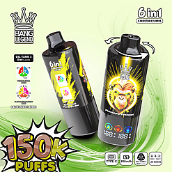 Deux appareils de vape cylindriques noirs avec une marque colorée montrant les saveurs Kiwi Fruit Ananas Glace et Ananas Noix de Coco, positionnés sur un fond clair avec des graphiques de vagues vertes, avec des icônes et du texte mettant en évidence 6 saveurs réglables, 150 000 bouffées, une charge de type C, une batterie de 850 mAh et un écran LED.