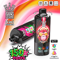 Deux appareils de vapotage jetables 6-en-1 Bang Legend noirs au goût de baies de pastèque illustrés par un singe coloré portant des lunettes de soleil sur un appareil, montrant un embout buccal rotatif et un écran LED avec nombre de bouffées ; .
