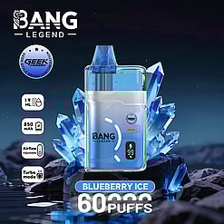 Blueberry Ice Bang Legend disposable vape, blue translucent body, 850 mAh, 19 ml e-liquid, adjustable airflow, 60 puffs.