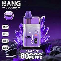 Grape Ice Bang Legend vape with a purple translucent pod and crystal backdrop, 19 ml juice, 850 mAh battery, 60 puffs.