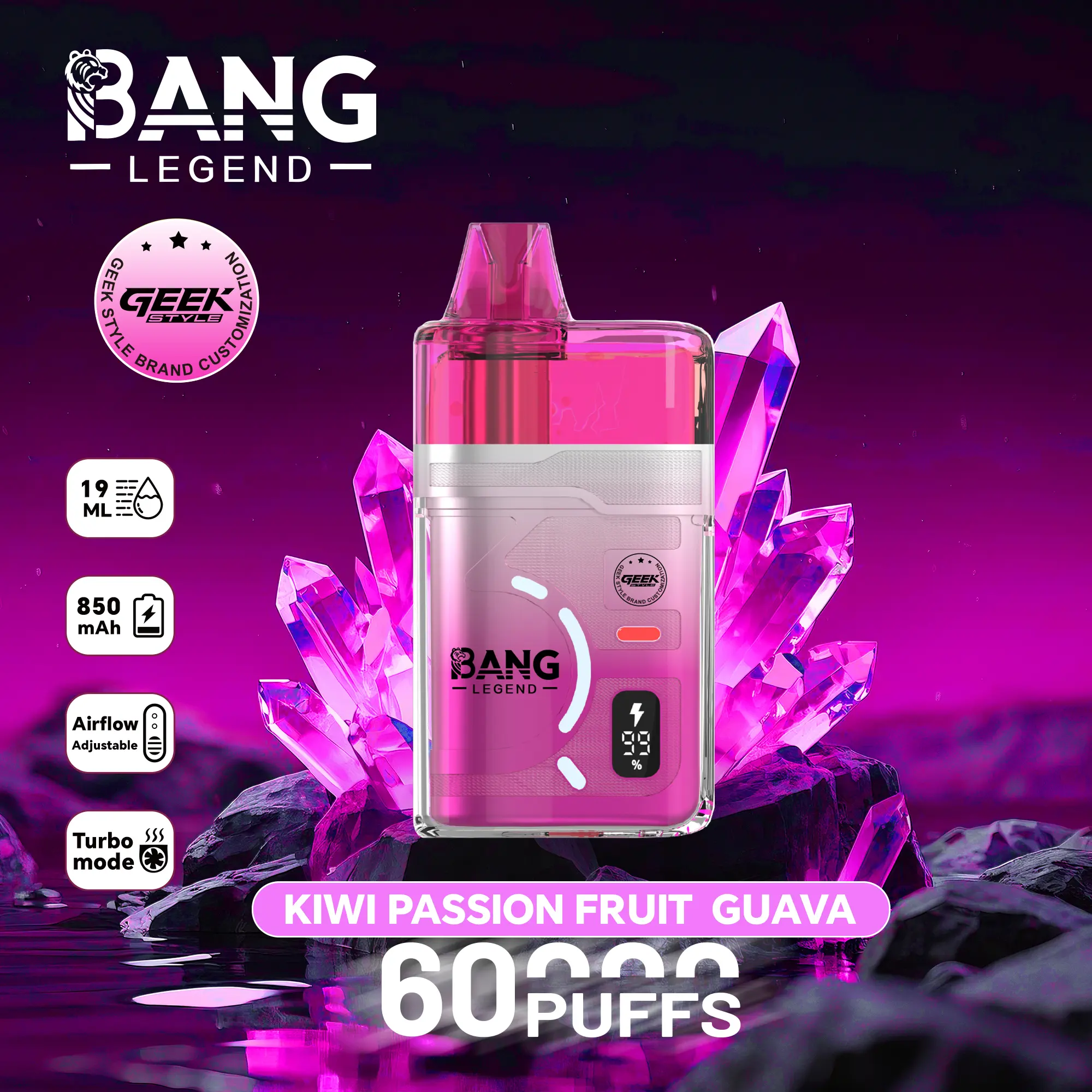 Pink Bang Legend disposable vape with translucent body and crystal accents, Kiwi Passion Fruit Guava flavor, 60 puffs.