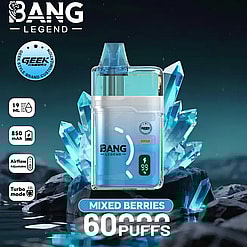 Bang Legend blue vape pod with digital display, crystal background; Mixed Berries, 60 puffs, 850 mAh, adjustable airflow.