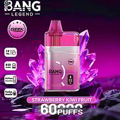Bang Legend strawberry kiwi disposable vape with pink liquid, pink crystal backdrop, and 60,000 puffs.