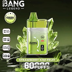 Bright lime-green Bang Legend disposable vape with Strawberry Kiwi Fruit flavor, set against crystal graphics and a prominent 60 puffs label.
