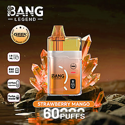 Orange Bang Legend disposable vape labeled Strawberry Mango, with crystal backdrop; shows 60 puffs, 19 mL, 850 mAh, adjustable airflow, turbo mode.