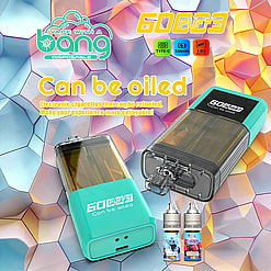 Two turquoise refillable vape devices labeled 60 Puffs Can be oiled, with two e-liquid bottles, set against a bright, colorful geometric background.