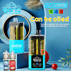 Bang disposable vape ad with two blue devices, clear tanks, and small e-liquid bottles against tropical decor, can be oiled.