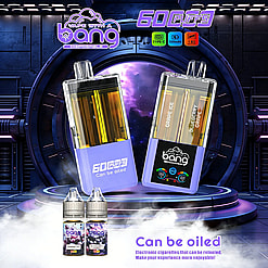 Two purple-base disposable vape pens with amber liquid, labeled 60 Puffs, on a futuristic stage; e-liquid bottles show Grape Ice and Blueberry Grape.