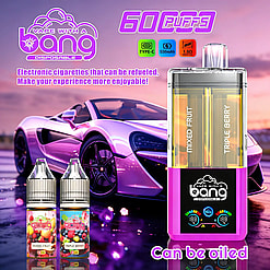 Pink and purple disposable vape with mixed fruit and triple berry flavors against a purple sports car, 60 puffs.
