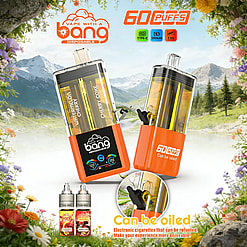 Two orange disposable vape pens with transparent tanks labeled Watermelon Cherry and Cherry Coke in a scenic mountain meadow.