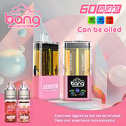 Two pink disposable vape devices with clear tanks showing yellow liquid, labeled 60 puffs and can be oiled; flavors Watermelon and Strawberry Watermelon.
