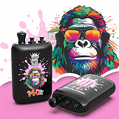 Glossy black bottle with neon graffiti gorilla wearing rainbow sunglasses, pink splash background, and BANG BLAZE 140K branding.