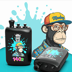 Black vape bottle featuring a cartoon monkey in a cap under a Bang Blaze logo with 140k text, beside another vape mod on a turquoise splash backdrop.
