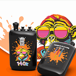 Two black vape pods with a colorful cartoon monkey wearing pink sunglasses; left shows Bang Blaze 140k, right lists flavors.