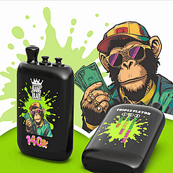 Two black vape cases with lime splashes and a cap-wearing, sunglassed monkey; one says Bang Blaze 140k, the other Triple Flavor