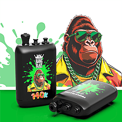 Cartoon gorilla in green sunglasses and a yellow jacket with a green chain, beside black bottles with neon green splashes.