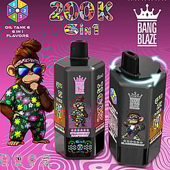Bright Bang Blaze 200K 6-in-1 oil tank packaging with a colorful tropical monkey mascot and two black vape bottles.