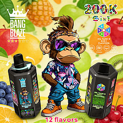 Cartoon monkey in tropical shirt and sunglasses flanks two black vape devices against a fruit background, Bang Blaze 6-in-1.