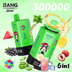Two green 6in1 juice bottles with a cartoon monkey, surrounded by fruit like watermelon, lemon, berries, and a pink drink.