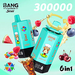 Two turquoise BANG Leader Stoll 6in1 juice pouches with a cartoon monkey chef, blueberry raspberry and cherry Coke flavors.